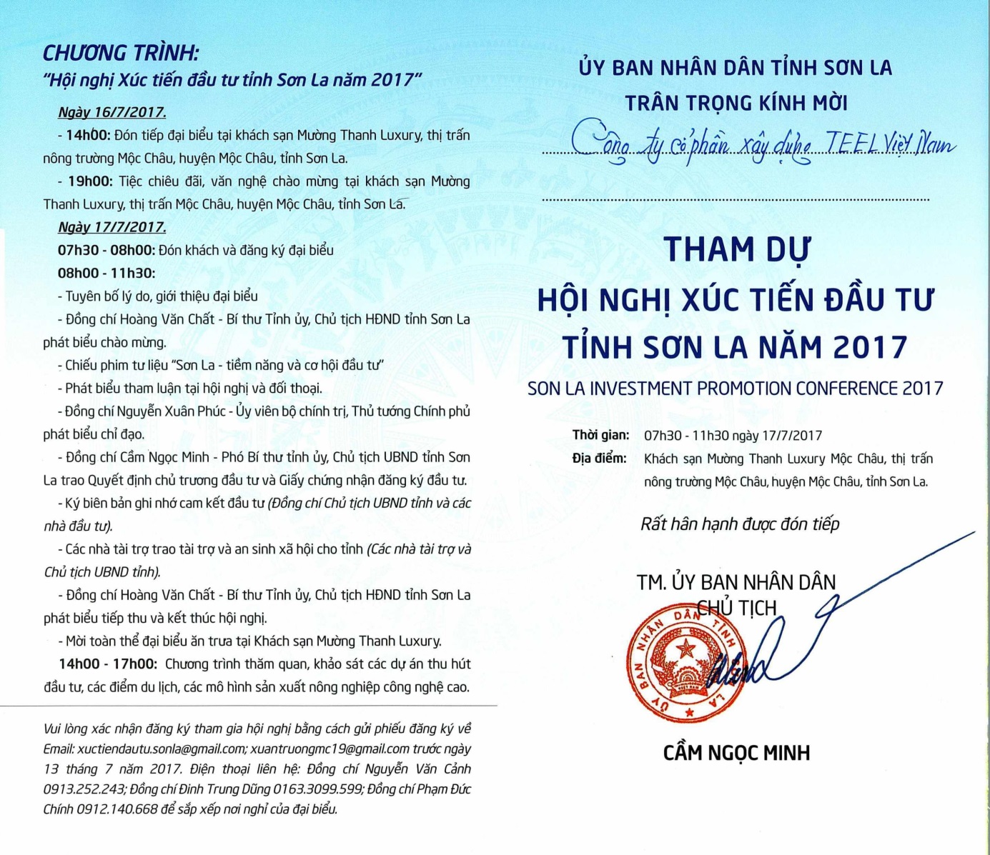 TEEL.,JSC vinh dự được UBND tỉnh Sơn La mời dự Hội Nghị Xúc Tiến Đầu Tư năm 2017