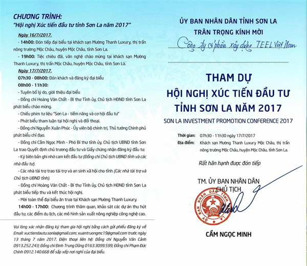 Công ty cổ phần xây dựng TEEL Việt Nam được UBND tỉnh Sơn La mời dự Hội nghị xúc tiến Đầu tư năm 2017